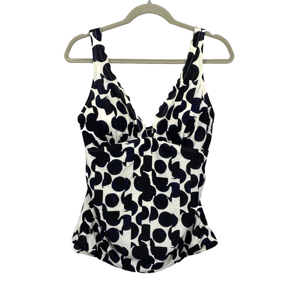 DKNY Tankini Top Womens size XL V-neck Ruffle White Black Pattern Swimsuit - Picture 1 of 9
